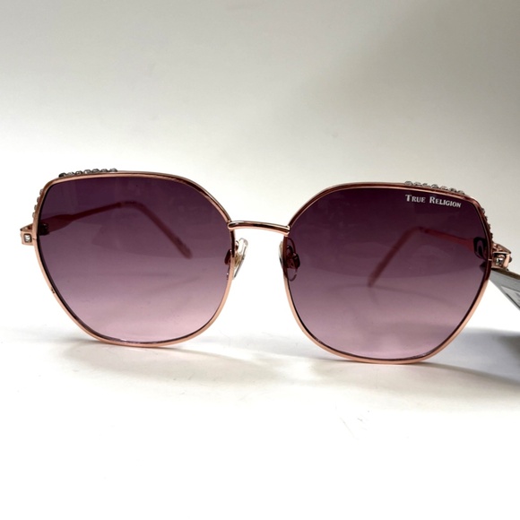 New TRUE RELIGION Square Rhinestone Sunglasses Metal Rose Gold Pink Lens main image 6